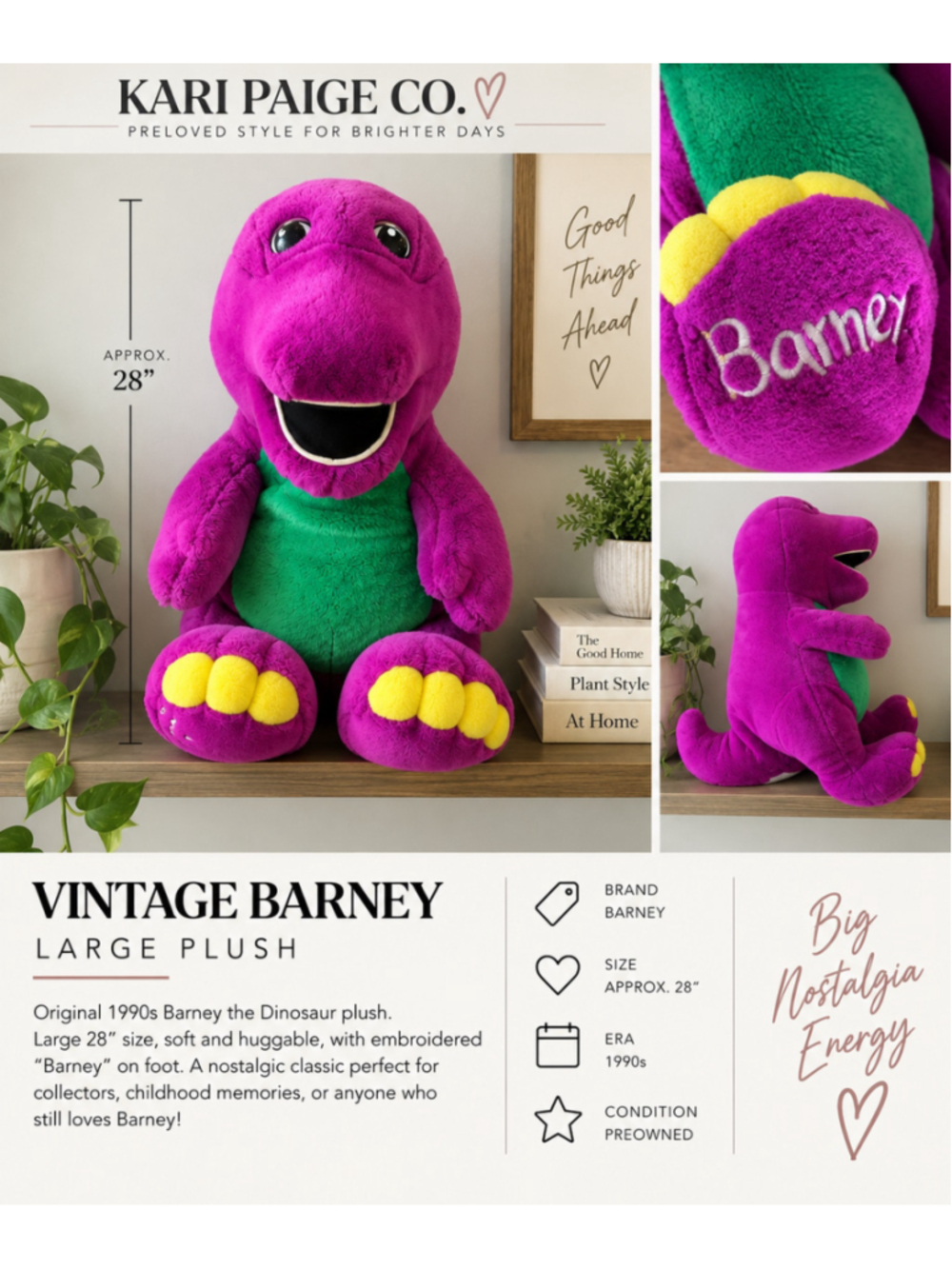 Vintage 1990s Barney Purple Dinosaur Large 28” Plush Stuffed Toy Embroidered
